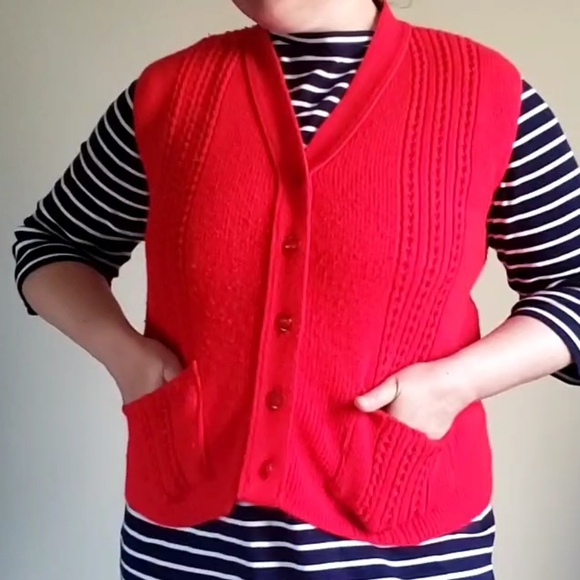 Vintage Sweaters - 70s Vintage College Point Red Button Front Vest Size Large, estimated